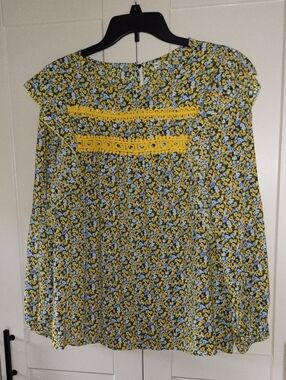 Amazon Yellow and Blue Floral Crochet-Trim Peasant Blouse